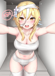 Rule 34 | 1girl, bandaged leg, bandages, blonde hair, blush, breasts, chest sarashi, cleavage, collarbone, cowboy shot, flower, genshin impact, gweda, hair between eyes, hair flower, hair ornament, heart, highres, large breasts, looking at viewer, lumine (genshin impact), naked bandage, navel, open mouth, outstretched arms, sarashi, solo, strapless, teeth, thighhighs, tube top, upper teeth only, yellow eyes