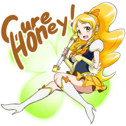 Rule 34 | 10s, 1girl, blonde hair, blush, boots, brooch, character name, cure honey, earrings, english text, eyelashes, hair ornament, hair ribbon, happinesscharge precure!, happy, heart, heart brooch, high heel boots, high heels, hone (koppun), jewelry, knee boots, kneehighs, long hair, looking at viewer, magical girl, oomori yuuko, open mouth, ponytail, precure, puffy sleeves, ribbon, shirt, sitting, skirt, smile, socks, solo, vest, white background, wrist cuffs, yellow eyes, yellow skirt