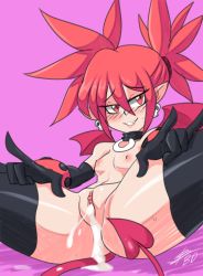 Rule 34 | 1girl, aftersex, ass, bigdead, breasts, bush, clitoris, cum, cum in pussy, disgaea, etna (disgaea), female focus, nipples, pointy ears, shiny skin, skull, small breasts, solo, spread legs, sweat, tail, uncensored, wings