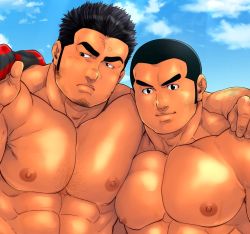 Rule 34 | 2boys, abs, bara, black hair, chest hair, cropped torso, facial hair, goatee, hand on shoulder, large pectorals, looking to the side, male focus, manly, multiple boys, muscular, nipples, original, pectoral docking, pectoral press, pectorals, unworn shirt, short hair, sideburns, stubble, terujirou (masateruteru), thick eyebrows