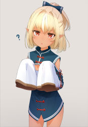 Rule 34 | 1girl, :o, ?, absurdres, aged down, basa rutan, blonde hair, blue bow, blue dress, bow, commentary request, dark-skinned female, dark skin, dress, grey background, hair between eyes, hair bow, high ponytail, highres, hololive, long sleeves, looking at viewer, multicolored hair, parted lips, pointy ears, ponytail, red eyes, shiranui flare, shiranui flare (old design), simple background, sleeves past fingers, sleeves past wrists, solo, standing, streaked hair, virtual youtuber, white hair