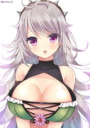 Rule 34 | 1girl, :o, breasts, cleavage, cleavage cutout, clothing cutout, echinacea (flower knight girl), flower, flower knight girl, grey hair, kurot, large breasts, long hair, looking at viewer, purple eyes, solo, spikes, twitter username, upper body, white background