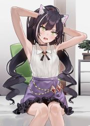 Rule 34 | 1girl, animal ear fluff, animal ears, armpits, arms behind head, arms up, bare arms, black choker, black hair, blouse, blush, cat ears, choker, collared shirt, commentary request, drill hair, duplicate, ears visible through hair, extra ears, feet out of frame, green eyes, highres, indoors, karyl (princess connect!), knees together feet apart, long hair, looking at viewer, open mouth, pixel-perfect duplicate, plant, potted plant, princess connect!, purple skirt, shirt, sitting, skirt, sleeveless, sleeveless shirt, solo, subachi, sweat, twin drills, twintails, v-shaped eyebrows, very long hair, white shirt