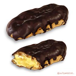Rule 34 | absurdres, artist name, chocolate, custard, eclair (food), food, food focus, highres, mitomaton, no humans, original, pastry, realistic, simple background, still life, sweets, twitter username, white background