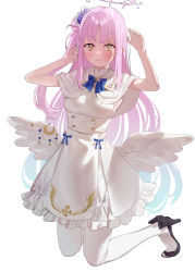 Rule 34 | 1girl, angel wings, blue archive, blue bow, blush, bow, capelet, crescent, dress, feathered wings, flower, frilled dress, frills, full body, hair flower, hair ornament, halo, high heels, highres, kneeling, long hair, mika (blue archive), pink hair, solo, subachi, white background, white dress, white legwear, wings, yellow eyes