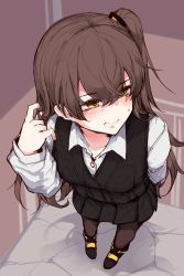 Rule 34 | 1girl, black pantyhose, black skirt, black vest, blush, brown hair, closed mouth, collared shirt, commentary request, girls&#039; frontline, hair between eyes, highres, hourai kochou, long hair, long sleeves, one side up, pantyhose, pleated skirt, scar, scar across eye, scar on face, shirt, skirt, solo, standing, ump45 (girls&#039; frontline), vest, white shirt, yellow eyes