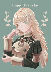 Rule 34 | 1girl, absurdres, black dress, blonde hair, braid, braided ponytail, closed mouth, commentary, cropped torso, dangouo ty, dress, finger to cheek, fire emblem, fire emblem: three houses, garreg mach monastery uniform, gold trim, green eyes, hand on own elbow, hand up, happy birthday, highres, ingrid brandl galatea, juliet sleeves, long hair, long sleeves, looking at viewer, nintendo, one eye closed, puffy sleeves, simple background, solo, uniform, upper body