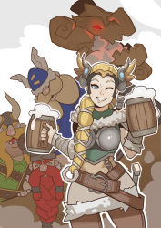 Rule 34 | 1girl, 3boys, baleog the fierce, blizzard (company), blonde hair, blue eyes, boobplate, braid, breastplate, company connection, crossover, erik the swift, grin, helmet, heroes of the storm, highres, long hair, looking at viewer, mercy (overwatch), multiple boys, olaf the stout, one eye closed, overwatch, overwatch 1, sigrun mercy, smile, splashbrush, the lost vikings, valkyrie, viking, winged helmet
