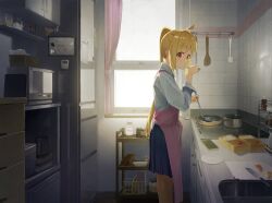 Rule 34 | 1girl, absurdres, ahoge, apron, ayanagi0319, bento, bike shorts, blonde hair, blue skirt, bocchi the rock!, brown eyes, cabinet, cherry tomato, chest of drawers, collared shirt, commentary, cooking, cooking pot, curtains, cutting board, dress shirt, eating, feet out of frame, from side, frying pan, highres, holding, holding spoon, ijichi nijika, indoors, kitchen, kitchen knife, ladle, long hair, long sleeves, looking at viewer, looking to the side, oven, pink apron, plate, pleated skirt, refrigerator, rice, rice cooker, shelf, shirt, side ponytail, sidelocks, sink, skirt, solo, spoon, standing, stove, thermostat, tile wall, tiles, toaster oven, tomato, translated, very long hair, white shirt, whiteboard, window