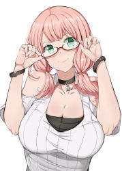 Rule 34 | 10s, 1girl, bad id, bad pixiv id, bang dream!, black choker, breasts, choker, cleavage, closed mouth, collarbone, commentary request, fingernails, glasses, green eyes, highres, large breasts, looking at viewer, pink hair, red-framed eyewear, rihitozoire, semi-rimless eyewear, short hair, short twintails, simple background, smile, solo, twintails, uehara himari, under-rim eyewear, upper body, white background