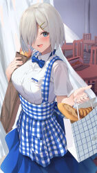 Rule 34 | 1girl, absurdres, apron, bag, blue apron, blue eyes, blue skirt, blush, bread, breasts, collared shirt, commission, food, gradient background, grey hair, hair ornament, hair over one eye, hairclip, hamakaze (kancolle), highres, holding, holding bag, kantai collection, kobeya uniform, kokenashi, large breasts, open mouth, shirt, short hair, short sleeves, skeb commission, skirt, smile, solo, white shirt