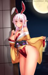 Rule 34 | 1girl, animal ears, breasts, covered navel, detached collar, drop earrings, earrings, facial mark, fake animal ears, feet out of frame, full moon, hair ornament, hairband, highleg, highleg leotard, highres, japanese clothes, jewelry, kimono, large breasts, leotard, leotard under clothes, long hair, midnight (banyex), mole, mole under eye, moon, night, night sky, obi, off shoulder, original, pink hair, playboy bunny, pointy ears, rabbit ears, red eyes, red leotard, sash, shouji, sky, sliding doors, slit pupils, smile, solo, standing, star (sky), strapless, strapless leotard, white hairband, wide sleeves, yellow kimono