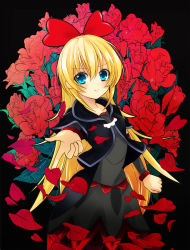 Rule 34 | 1girl, blonde hair, blue eyes, bow, bracelet, dokidoki! precure, dress, flower, hair bow, jewelry, long hair, looking at viewer, outstretched arm, pantyhose, precure, print pantyhose, red flower, red rose, regina (dokidoki! precure), rose, sausu (himakuma), smile, solo