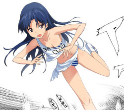 Rule 34 | 1girl, a1 (initial-g), bare shoulders, bikini, blue eyes, blue hair, breasts, cleavage, ice skates, idolmaster, idolmaster (classic), kisaragi chihaya, leg up, matching hair/eyes, open mouth, panties, purple eyes, simple background, skates, small breasts, smile, solo, striped clothes, striped panties, swimsuit, underwear