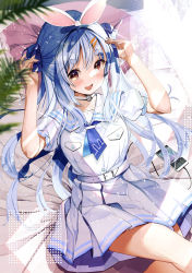 Rule 34 | 1girl, :d, absurdres, arms up, belt, blue hair, blue neckerchief, blush, cellphone, commentary request, hair ribbon, haruhina purple, highres, hololive, leaf, long hair, looking at viewer, neckerchief, open mouth, phone, pleated skirt, puffy short sleeves, puffy sleeves, red eyes, ribbon, sailor collar, shirt, short eyebrows, short sleeves, sitting, skirt, smartphone, smile, solo, thick eyebrows, usada pekora, usada pekora (casual), very long hair, virtual youtuber, white belt, white sailor collar, white shirt, white skirt