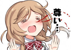 Rule 34 | 1girl, = =, blood, bow, bowtie, braid, cloud hair ornament, commentary request, gradient hair, kantai collection, kuroten, light brown hair, long hair, low twin braids, minegumo (kancolle), multicolored hair, nosebleed, open hands, palms, plaid, plaid bow, plaid bowtie, plaid neckwear, red bow, red bowtie, school uniform, shirt, simple background, solo, suspenders, translated, twin braids, upper body, white background, white shirt