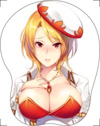Rule 34 | 1girl, blonde hair, breast mousepad, breasts, cleavage, closed mouth, collarbone, eleanor (saga), hat, jewelry, koyama sao, large breasts, looking at viewer, lowres, mousepad, necklace, red eyes, saga, saga frontier 2, short hair, simple background, solo, white background