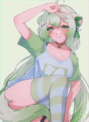 absurdres ahoge animal_ears breasts cleavage ferret ferret_ears ferret_girl ferret_tail food fruit gradient_hair green_background green_eyes green_hair green_shirt hairband hand_on_own_head highres indie_virtual_youtuber knee_up kokomi_(aniesuakkaman) laimu_(vtuber) laimu_(vtuber)_(cozy) lime_(fruit) lime_necklace lime_slice long_hair multicolored_hair no_pants ribbon shirt signature simple_background t-shirt tail_censor thigh_strap thighhighs twintails two-tone_hair v vinesauce virtual_youtuber white_hair zettai_ryouiki