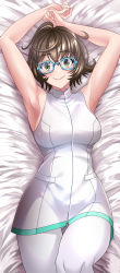Rule 34 | 1girl, absurdres, ahoge, armpits, arms up, bare shoulders, blue-framed eyewear, blush, breasts, brown hair, dress, fate/grand order, fate (series), glasses, green eyes, hair between eyes, highres, kogarasu1st, large breasts, looking at viewer, lying, mable macintosh, on back, open clothes, pants, pantyhose, short dress, short hair, smile, solo, thighs, tight clothes, tight pants, white dress, white pants, yellow eyes