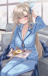 Rule 34 | 1girl, asuna (blue archive), blue archive, blue eyes, breasts, cleavage, highres, large breasts, light brown hair, long hair, looking at viewer, mole, mole on breast, o-los, sitting, smile, solo, very long hair