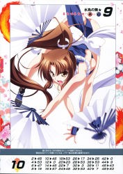 Rule 34 | 1girl, alternate color, angry, ass, bare shoulders, breasts, brown eyes, brown hair, fatal fury, hand fan, highres, izumi mahiru, large breasts, long hair, looking at viewer, ninja, non-web source, official art, open mouth, ponytail, queen&#039;s blade, queen&#039;s gate, revealing clothes, scan, shiranui mai, sideboob, simple background, solo, the king of fighters