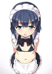 Rule 34 | 1girl, apron, arms behind back, bikini, bikini top only, black bow, black bowtie, black skirt, blue eyes, blue hair, blush, bow, bowtie, flat chest, frilled skirt, frills, jiji (aardvark), looking at viewer, maid, maid day, maid headdress, navel, open mouth, original, short hair, simple background, skirt, solo, swimsuit, waist apron, white apron, white background