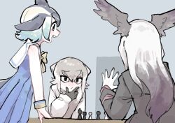 Rule 34 | 3girls, bald eagle (kemono friends), bare shoulders, bird girl, bird wings, black gloves, black jacket, blonde hair, blue dress, blue eyes, blue hair, board game, bow, bowtie, chess, chess piece, commentary request, common dolphin (kemono friends), dress, glasses, gloves, grey hair, grey sweater, hand on own chin, head wings, highres, jacket, kemono friends, long hair, long sleeves, meerkat (kemono friends), meerkat ears, multicolored hair, multiple girls, pleated dress, sailor collar, sailor dress, short hair, smile, sweater, toki reatle, two-tone hair, uniform, white gloves, white hair, wings, yellow bow, yellow bowtie