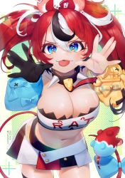 Rule 34 | 1girl, animal ear fluff, animal ears, asymmetrical sleeves, blowing raspberry, blue eyes, bow, breasts, camisado, cleavage, collar, gloves, hakos baelz, highres, hololive, hololive english, key, large breasts, midriff, miniskirt, mouse ears, mouse tail, mr. squeaks (hakos baelz), navel, red hair, single glove, skirt, spiked collar, spikes, strapless, tail, tail bow, tail ornament, tube top, twintails, virtual youtuber