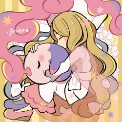 Rule 34 | 1girl, blonde hair, blush stickers, butterfly hair ornament, caitlin (pokemon), cape, closed eyes, closed mouth, commentary, creatures (company), dress, from side, game freak, gen 5 pokemon, hair ornament, hat, highres, holding, holding pokemon, hug, kokashiho, long hair, musharna, nintendo, pink cape, pink footwear, pokemon, pokemon (creature), pokemon bw, see-through cape, symbol-only commentary, very long hair, wavy hair, wedge heels, white dress