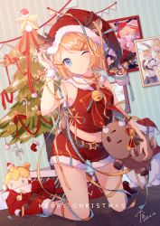 Rule 34 | 1girl, absurdres, animal ears, antlers, blonde hair, blue eyes, chaji xiao bai, christmas tree, deer ears, full body, fur-trimmed headwear, fur-trimmed shorts, fur trim, hair ornament, hat, highres, horns, indoors, kagamine rin, kneeling, midriff, navel, one eye closed, parted bangs, red footwear, red hat, red shirt, red shorts, reindeer antlers, santa hat, shirt, short hair, short shorts, shorts, sleeveless, sleeveless shirt, solo, stomach, vocaloid, wooden floor, wrist cuffs