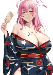 Rule 34 | 1girl, :q, absurdres, alternate costume, bare shoulders, blue archive, blush, body writing, breasts, cleavage, closed mouth, floral print, green eyes, halo, hanako (blue archive), highres, holding, japanese clothes, kimono, large breasts, long hair, looking at viewer, namazu (yamasonson), off shoulder, pink hair, simple background, solo, tongue, tongue out, white background