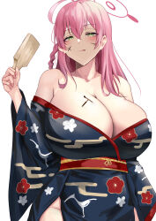 1girl :q absurdres alternate_costume bare_shoulders blue_archive blush body_writing breasts cleavage closed_mouth floral_print green_eyes halo hanako_(blue_archive) highres holding japanese_clothes kimono large_breasts long_hair looking_at_viewer namazu_(yamasonson) off_shoulder pink_hair simple_background solo tongue tongue_out white_background