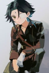 Rule 34 | 1boy, black hair, black shirt, closed mouth, collared shirt, eyepatch, facial mark, forehead mark, genshin impact, gloves, gradient background, green hair, highres, kneeling, looking at viewer, male focus, medical eyepatch, multicolored hair, muwan, shirt, short hair, simple background, sketch, solo, streaked hair, two-tone hair, white gloves, xiao (genshin impact), yellow eyes