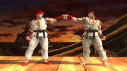 Rule 34 | barefoot, before and after, belt, castle, dougi, fist bump, headband, karate gi, red hair, ryu (street fighter), slippers, street fighter, sunset