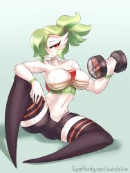 Rule 34 | 1girl, armpits, artist name, bare shoulders, bike shorts, black panties, black thighhighs, blue background, blush, breasts, cleavage, collarbone, creatures (company), dumbbell, eifie, exercising, full body, game freak, gardevoir, gen 3 pokemon, green hair, hair ornament, hair over one eye, hair tie, headband, highres, large breasts, navel, nintendo, open mouth, panties, pokemon, pokemon (creature), pokemon rse, ponytail, red eyes, sarashi, short hair, shorts, simple background, sitting, skindentation, solo, spread legs, sweat, text focus, thighhighs, thong, underwear, watermark, web address, weights, zettai ryouiki