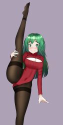 Rule 34 | 1girl, @ @, absurdres, blush, cleavage cutout, clothing cutout, green eyes, green hair, hand on own thigh, herd001, highres, indie virtual youtuber, koopa fortuna, open hand, pantyhose, purple background, red sweater, ribbed sweater, smile, soles, solo, split, standing, standing on one leg, standing split, sweater, virtual youtuber