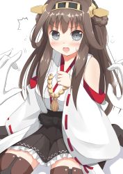 Rule 34 | 10s, 1girl, ahoge, bare shoulders, blush, boots, brown hair, chaa (korone-ze), detached sleeves, double bun, english text, frilled skirt, frills, gloves, hairband, japanese clothes, kantai collection, kongou (kancolle), long hair, looking at viewer, open mouth, personification, ribbon trim, skirt, solo, thigh boots, thighhighs, wide sleeves, zettai ryouiki