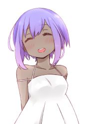 Rule 34 | 1girl, :d, ^ ^, alternate costume, arms behind back, bare shoulders, blush, breasts, closed eyes, collarbone, dark-skinned female, dark skin, dress, facing viewer, fate/grand order, fate (series), halter dress, halterneck, hassan of serenity (fate), i.u.y, open mouth, purple hair, round teeth, short hair, simple background, sleeveless, sleeveless dress, small breasts, smile, solo, sundress, teeth, upper body, white background, white dress