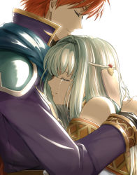 Rule 34 | 1boy, 1girl, armor, bare shoulders, cape, crying, delsaber, eliwood (fire emblem), closed eyes, fire emblem, fire emblem: the blazing blade, hair ornament, hetero, hug, long hair, ninian, nintendo, profile, red hair, short hair, silver hair, simple background, smile, streaming tears, tears, upper body, white background
