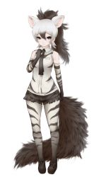 Rule 34 | 10s, 1girl, aardwolf (kemono friends), animal ear fluff, animal ears, arm at side, bare shoulders, black bow, black footwear, black hair, black necktie, black shorts, bow, closed mouth, collared shirt, elbow gloves, eyebrows, facing away, full body, gloves, gradient hair, grey eyes, hair between eyes, high ponytail, ise (0425), kemono friends, legs apart, long hair, looking at viewer, multicolored clothes, multicolored gloves, multicolored hair, multicolored legwear, multicolored shirt, necktie, pantyhose, pocket, shirt, shoes, shorts, simple background, sleeveless, sleeveless shirt, solo, standing, tail, torn clothes, torn shorts, two-tone hair, white background, white hair
