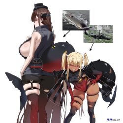 2girls absurdres aircraft artist_name blonde_hair breasts brown_hair commentary dark-skinned_female dark_skin english_commentary fins fish_tail helicopter highres long_hair multiple_girls nisp_art original personification red_eyes reference_inset shark_tail sharp_teeth sideboob simple_background submarine tail teeth thigh_strap watercraft white_background