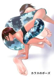 Rule 34 | 1girl, bare shoulders, barefoot, brown hair, camouflage, camouflage pants, closed mouth, female focus, from side, handstand, highres, japanese text, leggings, original, pants, red eyes, short hair, simple background, soles, tan, tank top, tanline, thighs, toes, translated, uriens, white background, yoga, yoga pants