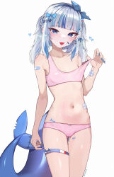 Rule 34 | 1girl, :d, absurdres, animal ears, bandage on face, bandages, bandaid, bandaid on arm, blue bow, blue eyes, blue hair, blue hairband, blue nails, blunt bangs, blush, bow, bow panties, bra, breasts, fake animal ears, fang, fins, fish hair ornament, fish tail, fish tattoo, gawr gura, gluteal fold, grey hair, hair ornament, hairband, heart, highres, hololive, hololive english, kkato, looking at viewer, medium hair, multicolored hair, navel, open mouth, panties, pink bra, pink panties, pulled by self, shark girl, shark tail, simple background, skin fang, small breasts, smile, solo, strap pull, streaked hair, tail, tattoo, thigh strap, underwear, underwear only, virtual youtuber, white background