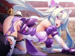 Rule 34 | 1girl, bow, doggystyle, forced, frills, hair bow, inoino, kouyoku senki exs-tia, lusterise, monster, open mouth, pony (animal), purple eyes, sex, sex from behind, thighhighs, torn clothes, underwear, white hair