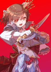 Rule 34 | 1girl, absurdres, aijou karen, armor, armored dress, brown hair, commentary request, crown, dress, gloves, goe (g-o-e), highres, mini crown, official alternate costume, open mouth, red background, red eyes, short hair, shoujo kageki revue starlight, shoujo kageki revue starlight -re live-, skirt, solo, sword, two side up, weapon, white gloves