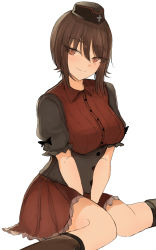 Rule 34 | 1girl, black bow, black footwear, black hat, boots, bow, brown eyes, brown hair, closed mouth, collared dress, commentary, dress, frilled dress, frilled sleeves, frills, garrison cap, girls und panzer, hat, highres, looking at viewer, military hat, necro (nekurodayo), nishizumi maho, pleated dress, short dress, short hair, simple background, sitting, smile, solo, underbust, v arms, wariza, white background, wing collar