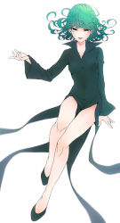 Rule 34 | 1girl, :d, bad id, bad pixiv id, bare legs, black dress, black footwear, covered navel, dress, floating hair, full body, green eyes, green hair, high heels, highres, long hair, long sleeves, looking at viewer, one-punch man, open mouth, pumps, simple background, smile, solo, tatsumaki, unnmr2, white background