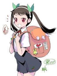 Rule 34 | 1girl, :d, adjusting strap, artist name, backpack, bag, bakemonogatari, black hair, blue skirt, bow, bowtie, cherry print, collared shirt, commentary, dress shirt, fang, floating hair, food print, from side, green bracelet, green ribbon, hachikuji mayoi, hairband, highres, holding strap, kikumaru bunta, long hair, looking at viewer, monogatari (series), neck ribbon, notice lines, open mouth, pink bag, red bow, red bowtie, red eyes, red ribbon, ribbon, school uniform, shirt, signature, skin fang, skirt, smile, solo, speech bubble, spoken character, star (symbol), stuffed animal, stuffed rabbit, stuffed toy, suspender skirt, suspenders, translated, twintails, white hairband, white shirt