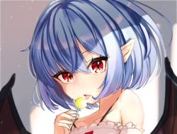 Rule 34 | 1girl, bare shoulders, blue hair, candy, chupa chups, dress, food, hair between eyes, light, lollipop, looking at viewer, no headwear, pink dress, pink sleeves, red eyes, remilia scarlet, shadow, short hair, solo, tongue, tongue out, touhou, wall, wings