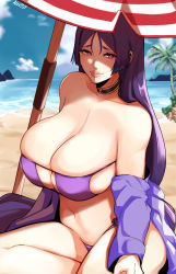 Rule 34 | 1girl, absurdres, alecto 0, bare shoulders, beach, beach umbrella, bikini, black choker, blue sky, breasts, breasts day, choker, cleavage, closed mouth, cloud, curvy, eyepatch bikini, fate/grand order, fate (series), highres, huge breasts, long hair, looking at viewer, low-tied long hair, minamoto no raikou (fate), minamoto no raikou (fate/grand order), minamoto no raikou (swimsuit lancer) (fate), navel, outdoors, pink lips, purple bikini, purple eyes, purple hair, purple shirt, sand, shirt, shore, side-tie bikini bottom, sitting, sky, strapless, strapless bikini, swimsuit, thighs, umbrella, very long hair, water, waves